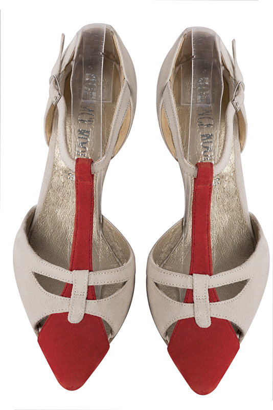 Scarlet red and champagne beige women's T-strap open side shoes. Tapered toe. Medium spool heels. Top view - Florence KOOIJMAN
